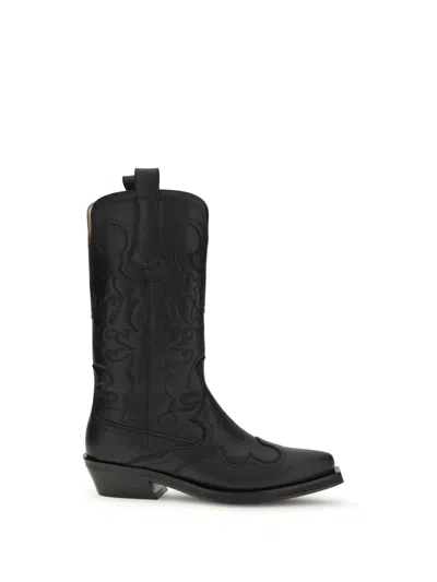 Ganni Women Embroidered Western Boots In Black