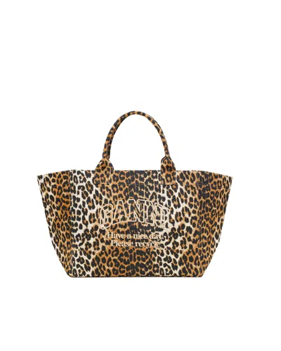 Ganni Xxl Leopard Logo Tote Bag In Animal Print