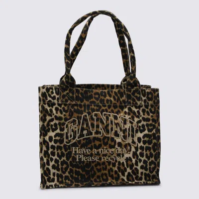 Ganni Leopard Cotton Tote In Orange