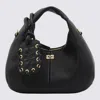 Ganni Black Leather Hobo Mini Grained Top Handle Bag In Black