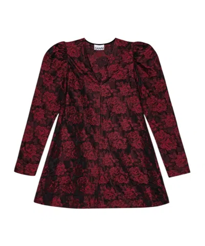 Ganni Botanical-print Jacquard Long-sleeve Minidress In Brown