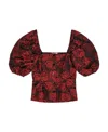 Ganni Botanical-print Short Puff-sleeve Cropped Top In Red