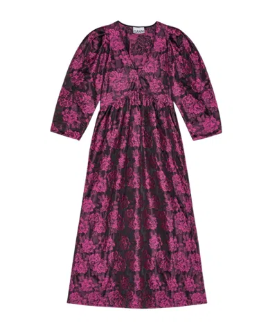 Ganni Cone Flower Pink Botanical Jacquard V-neck Midi Dress Size 10 Women's