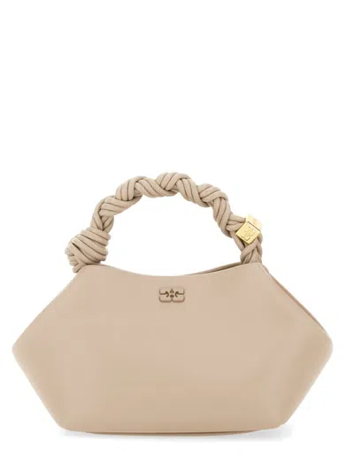 Ganni Bou Beige Handbag With Butterfly Logo And Hand-braided Strands In Leather Woman In Gray