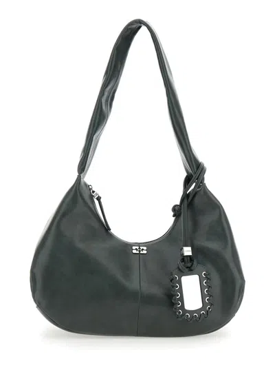 GANNI 'BOU' BLACK MEDIUM SHOULDER BAG WITH SINGLE SHOULDER STRAP AND TONAL LOGO PLAQUE ON THE FRONT IN LEA