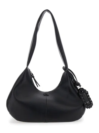 GANNI 'BOU BAG HOBO MEDIUM' BLACK SHOULDER BAG WITH SHOULDER STRAP AND REMOVABLE LOGO PATCH