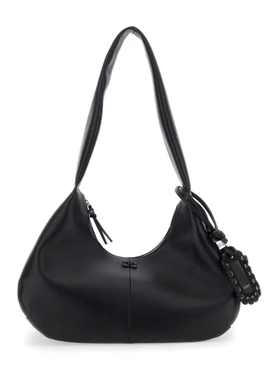 GANNI GANNI 'BOU BAG HOBO MEDIUM' BLACK SHOULDER BAG WITH SHOULDER STRAP AND REMOVABLE LOGO PATCH IN LEATH