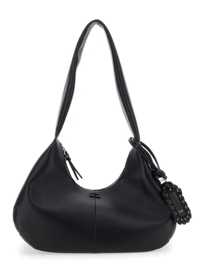 GANNI 'BOU BAG HOBO MEDIUM' BLACK SHOULDER BAG WITH SHOULDER STRAP AND REMOVABLE LOGO PATCH IN LEATHER WOM
