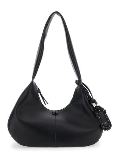 Ganni Bou Bag Hobo Medium Black Shoulder Bag With Shoulder Strap And Removable Logo Patch In Leather Woman