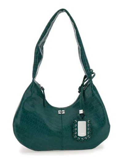 GANNI MEDIUM BOU GREEN SHOULDER BAG WITH CROCODILE LEATHER EFFECT AND LOGO PLAQUE IN LEATHER WOMAN