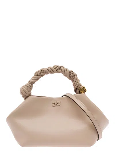 Ganni Bou Beige Handbag With Butterfly Logo And Hand-braided Strands In Leather Woman In Gray