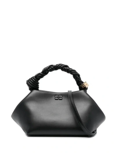 Ganni Bou' Black Handbag With Butterfly Logo And Hand-braided Strands In Leather