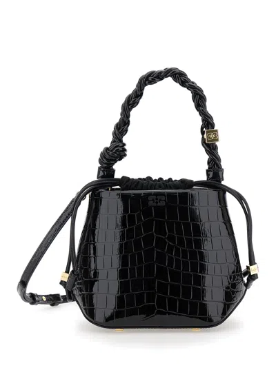 Ganni Bou Bucket Bag Patent Croco In Black