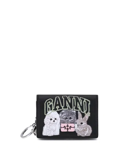 Ganni Bou Card Holder With Animals In Black