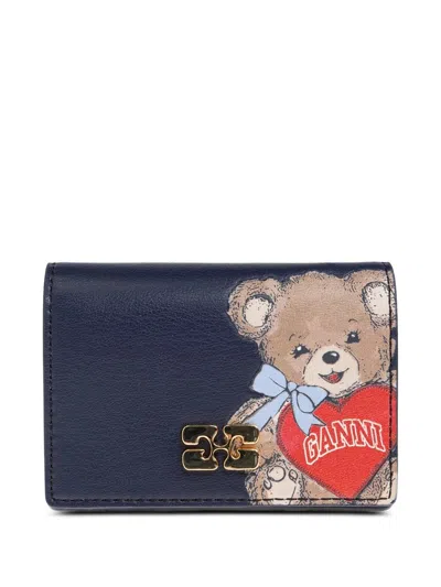 Ganni Bou Card Holder With Flap And Bear In Blue