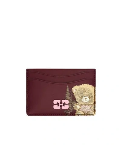 Ganni Bou Card Holder With Forest Teddy In Burgundy