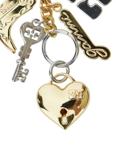 Ganni Metallic Keyring With Logo Charm And Heart Shaped Locket
