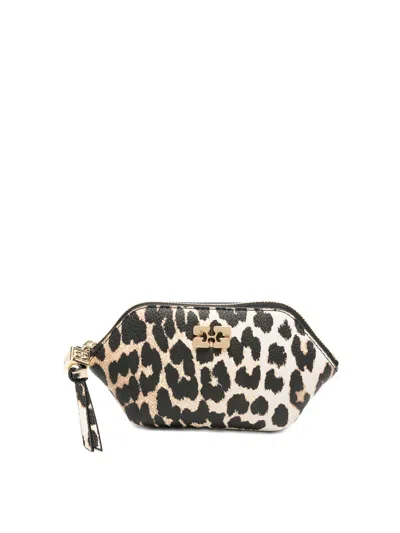 Ganni Bou Coin Leopard-print Clutch Bag In Sand