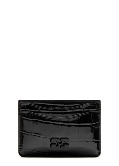 Ganni Bou Crocodile-effect Patent Leather Card Holder In Black