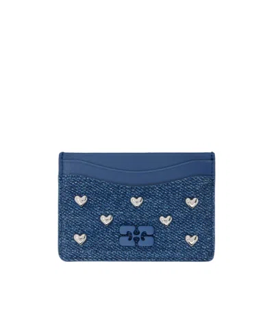 Ganni Bou Denim Logo Card Holder In Blue
