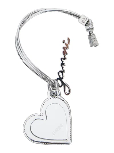 GANNI 'BOU HEART' METALLIC MIRROR WITH LOGO LETTERING PENDANT AND HEART CHARM IN METAL WOMAN