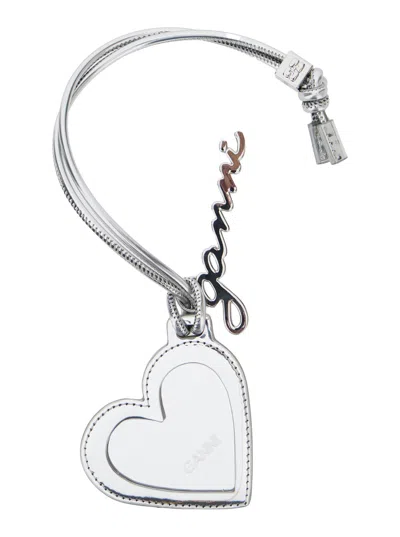 Ganni Bou Heart Metallic Mirror With Logo Lettering Pendant And Heart Charm In Metal Woman In Silver