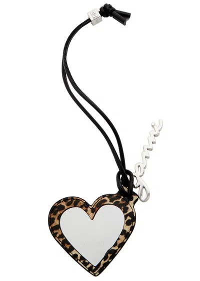 Ganni Bou Heart Mirror Leather Keyring In Brown