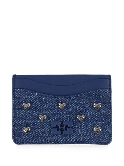 Ganni Bou Heart-stud Denim Cardholder In Blue