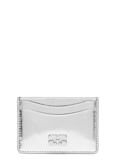Ganni Bou Metallic Leather Card Holder In Silver