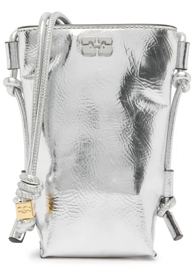 Ganni Bou Metallic Leather Cross-body Bag In Silver