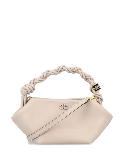 Ganni Bou Beige Handbag With Butterfly Logo And Hand-braided Strands In Leather Woman In Gray
