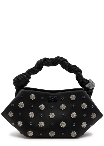 Ganni Bou Mini Crystal-embellished Satin Top Handle Bag In Black