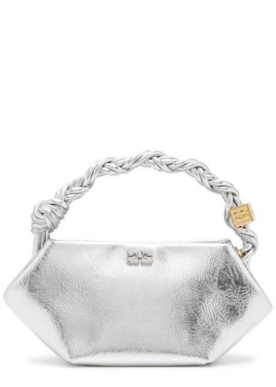 Ganni Bou Mini Metallic Leather Top Handle Bag In Silver