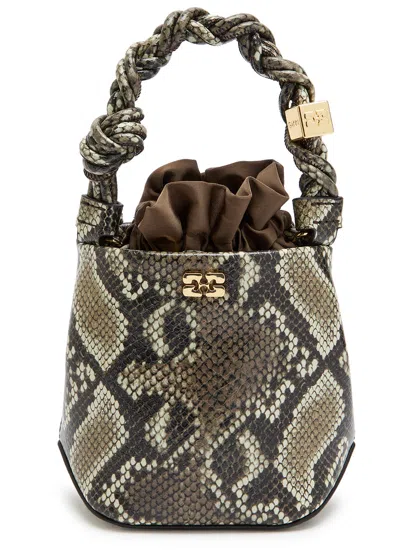 Ganni Bou Mini Python-effect Grained Leather Bucket Bag In Animal Print