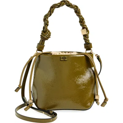 Ganni Bou Patent Crinkle Leather Bucket Bag In Military Olive