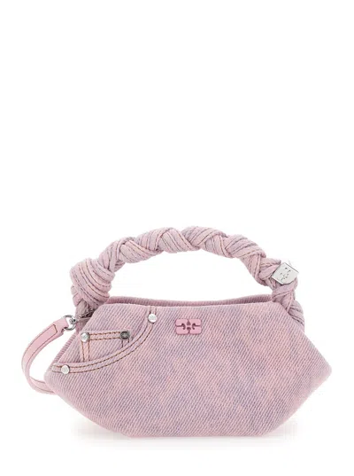 Ganni Bou Pink Mini Handbag With Braided Top Handle And Adjustable And Removable Shoulder Strap In Denim W