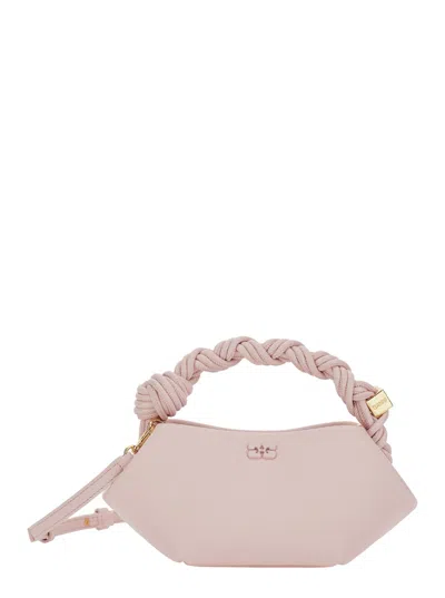 Ganni Bou Pink Mini Handbag With Braided Top Handle And Adjustable And Removable Shoulder Strap In Grained