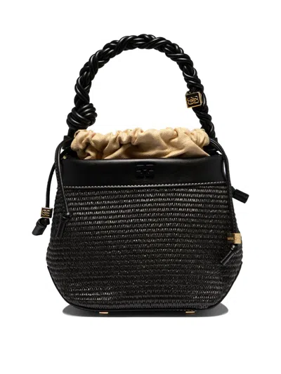 Ganni "bou Raffia" Bucket Handbag In Black