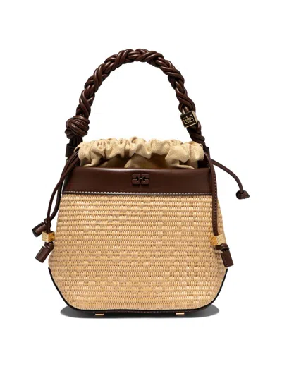 Ganni "bou Raffia" Bucket Handbag In Brown
