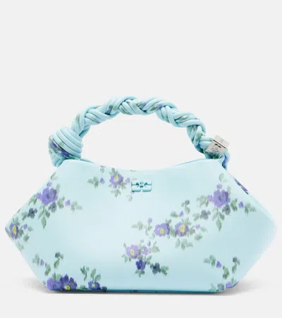 Ganni Mini Bag Structured Shape Floral Pattern Handle In Blue