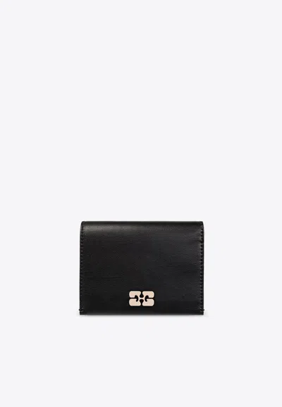 Ganni Bou Tri-fold Leather Wallet In Black