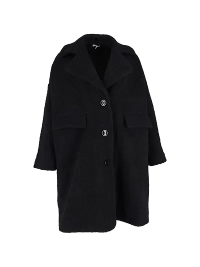 Pre-owned Ganni Bouclé Flap-pocket Wool Coat In Black