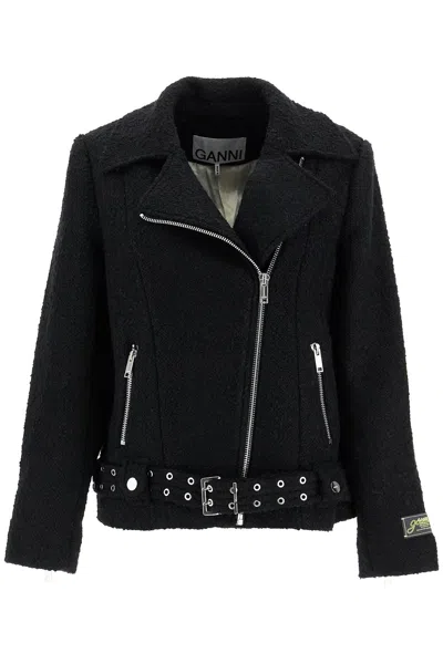 Ganni Boucle Wool Zip-up Biker Jacket In Black