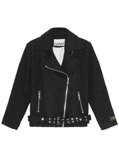 Ganni Boucle Wool Biker Jacket In Black