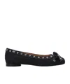 Ganni Denim Eyelet Bow Ballerinas In Black