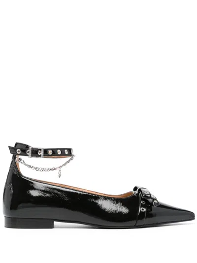 Ganni Eyelets Jewel Faux Leather Ballet Flats In Black