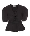 Ganni Poplin Front-tie Peplum Blouse With Puffed-sleeves In Black