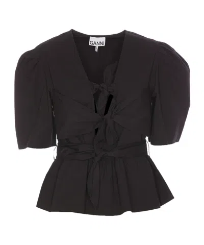 GANNI GANNI BOW DETAILED PUFF-SLEEVED BLOUSE