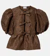Ganni Bow-detail Checked Peplum Blouse In Brown