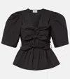 Ganni Poplin Front-tie Peplum Blouse With Puffed-sleeves In Black